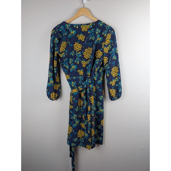 J CREW 0 Wrap Dress Navy Blue Golden Floral Print Knee Length Yellow V Neck 180 - Picture 3 of 8
